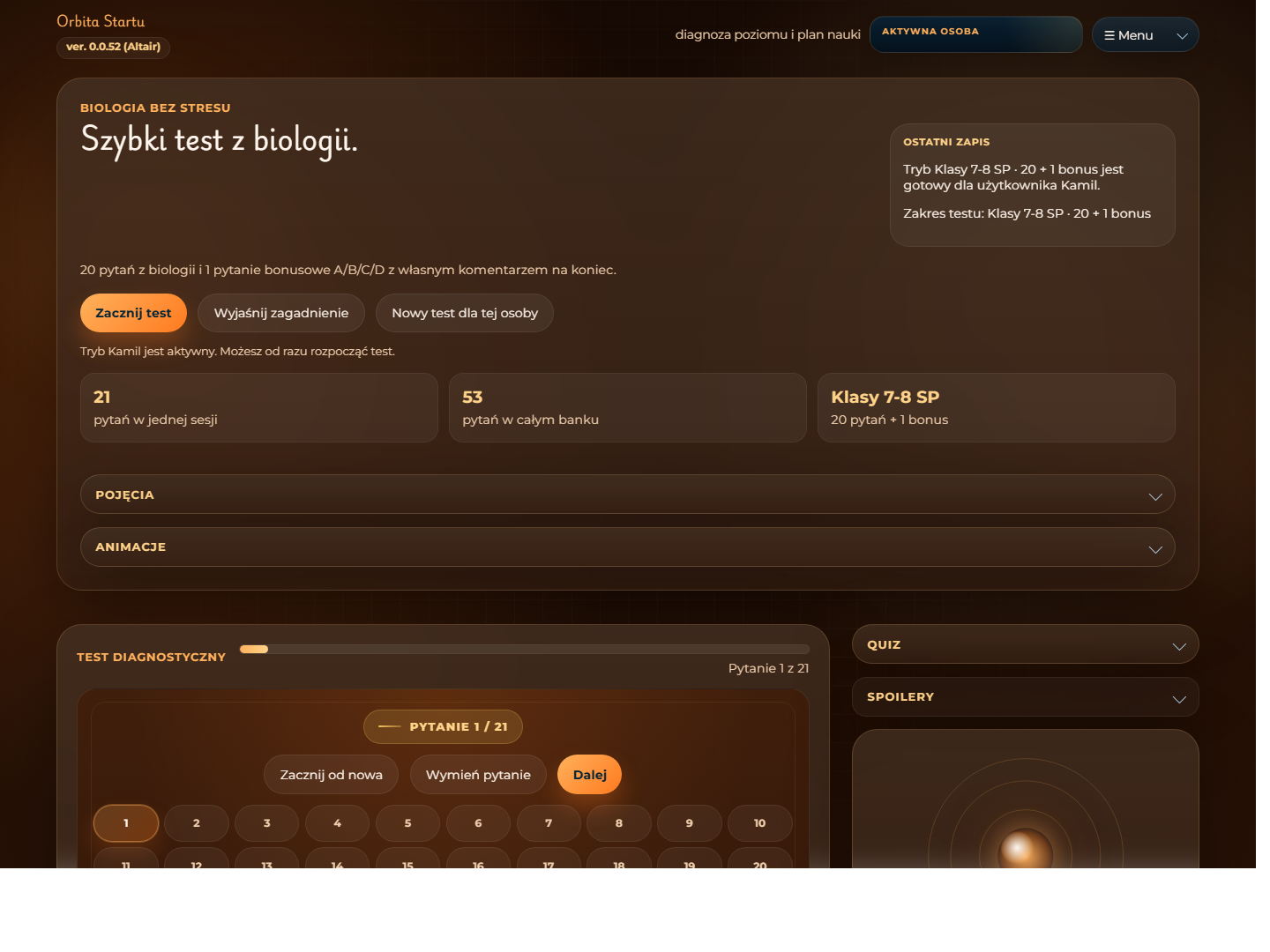 Aplikacja diagnostyczna z biologii z trybem 20 plus 1